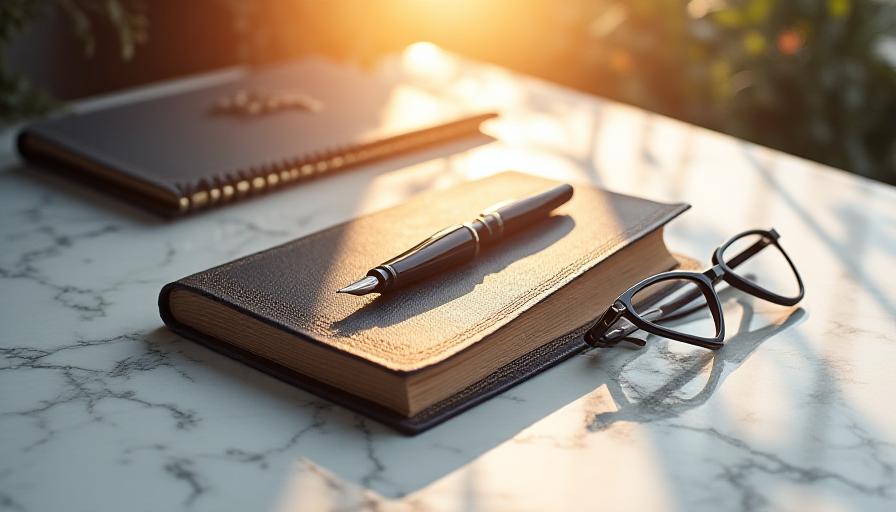 A leather-bound journal and a high-quality fountain pen on a marble desk in Rome